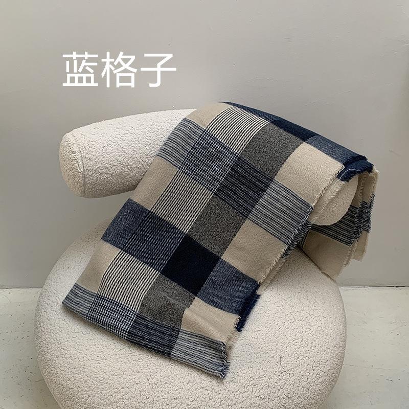 Retro White Blue Plaid Thickened Scarf Women's Autumn and Winter Warm Shawl Scarf