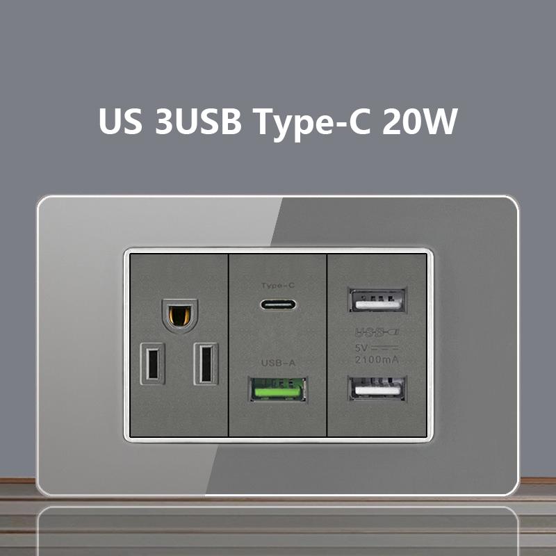 Italy Chile Socket with USB Smart Type-c 20W Fast Charging Glass Wall Electric Light Switch,Thai US Brazil Dual USB Power Socket