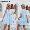 2024 Spring and Summer New Solid Color V-Neck Loose Pleated Dresses for Women