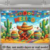 A 2D flat banner with a Mexican themed party background and colorful words "MEXICO" in the middle