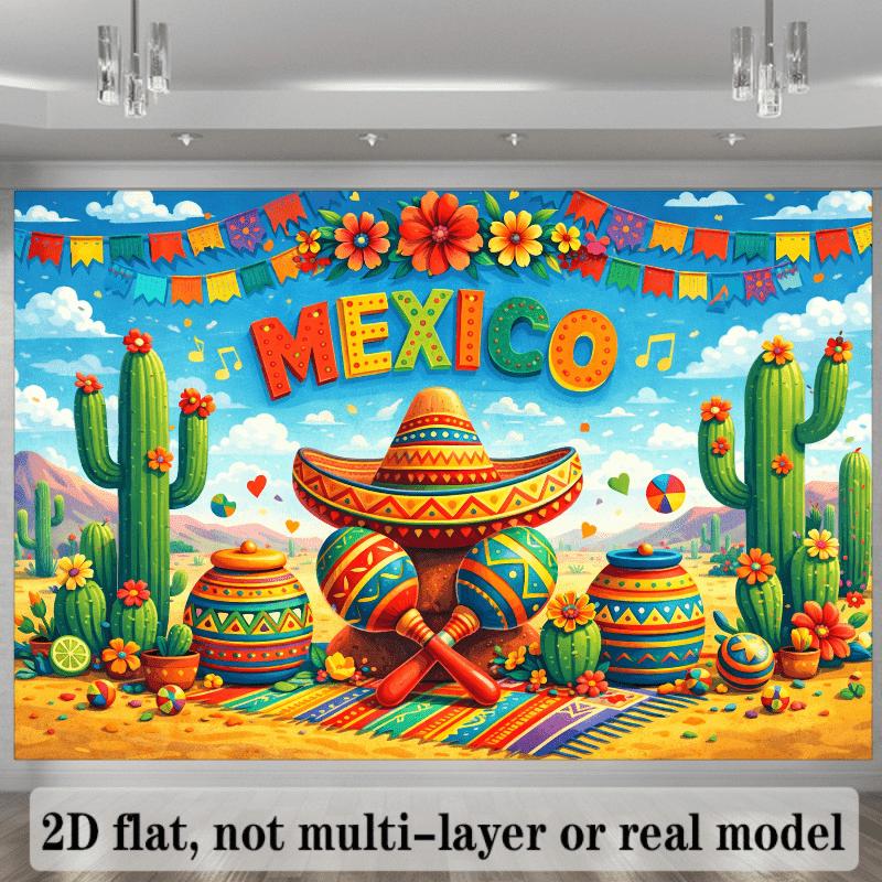 A 2D flat banner with a Mexican themed party background and colorful words "MEXICO" in the middle