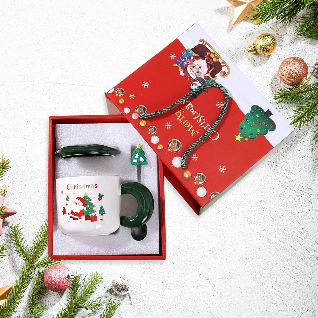 Christmas Mug Set Water Cup Lightweight Santa Cute Tea Coffee with Lid Spoon for Winter
