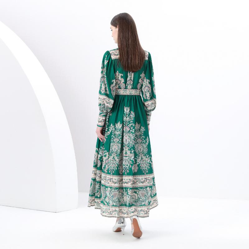 Весна-лето Женские платья больших размеров с винтажным дворцовым принтом, однобортные, длинные, макси, свободные, для праздников, с поясом