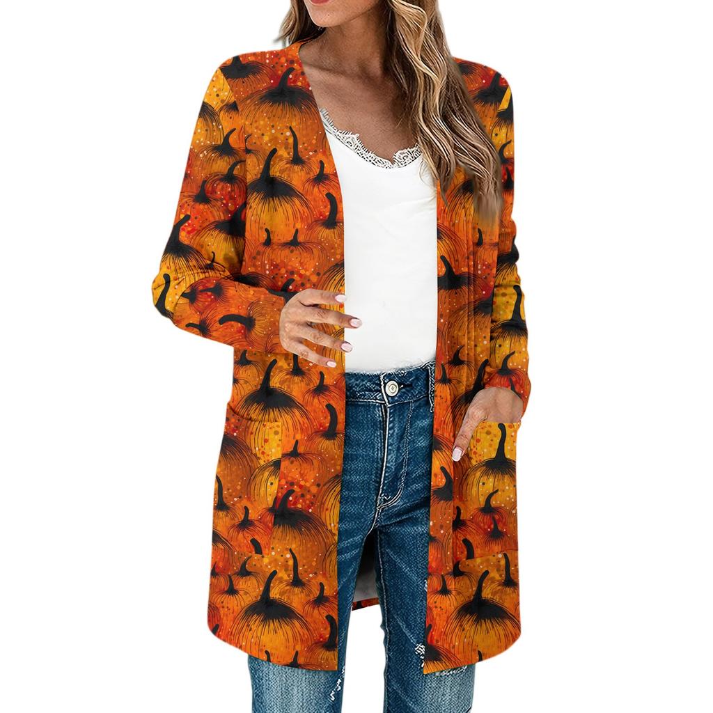 Женские легкие кардиганы с длинным рукавом и открытой передней частью, легкое винтажное пальто с длинным рукавом и принтом, с карманами