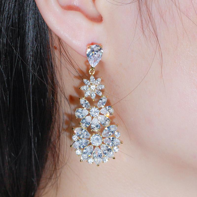 Длинные серьги-капли WWJ Exquisite Flower с разноцветным цирконом