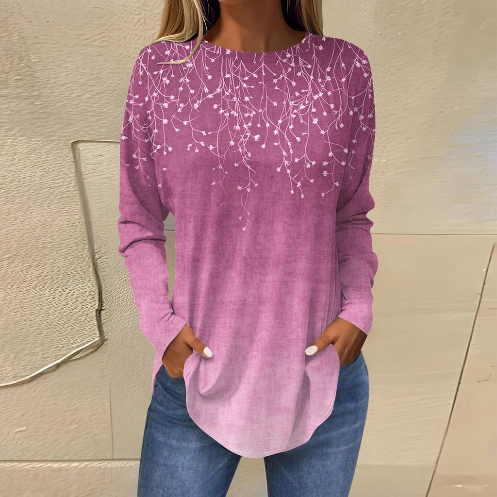 Shirts For Women Cute  Vintage Pattern Print T-Shirt Long Sleeve Tunic Tops Cotton Pullovers