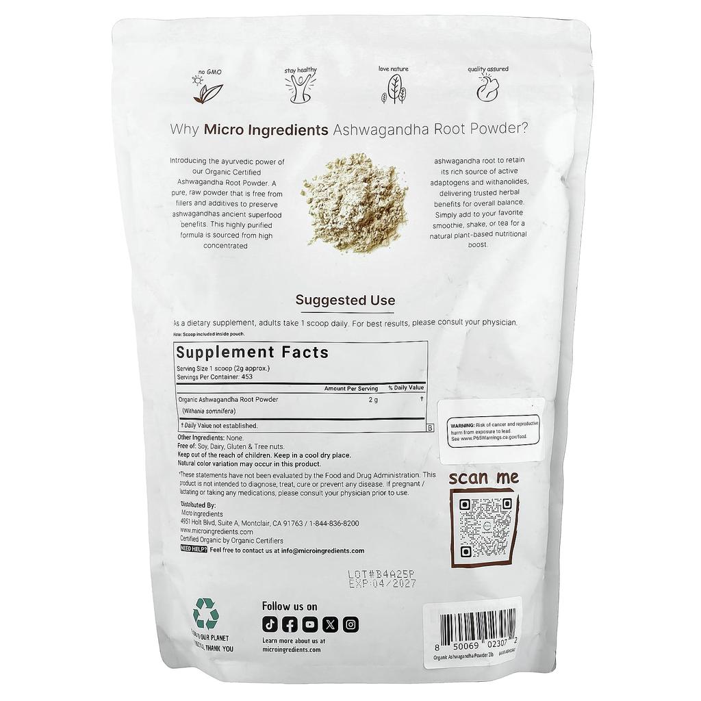Micro Ingredients Органический порошок корня ашваганды, 2 фунта (907 г)