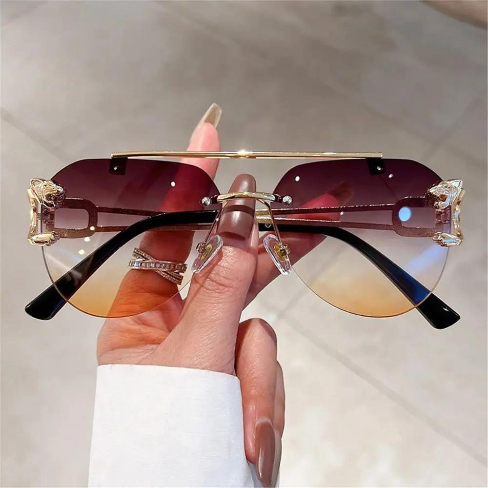 New Rimless Cheetah Decor Sunglasses Gradient UV400 Double Bridge Sun Glasses Shades for Women & Men Lunettes De Soleil Homme