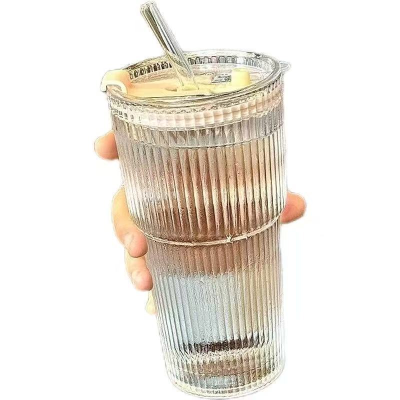 Striped Cup with Lid Straw Transparent Milk Iced Coffee Cup