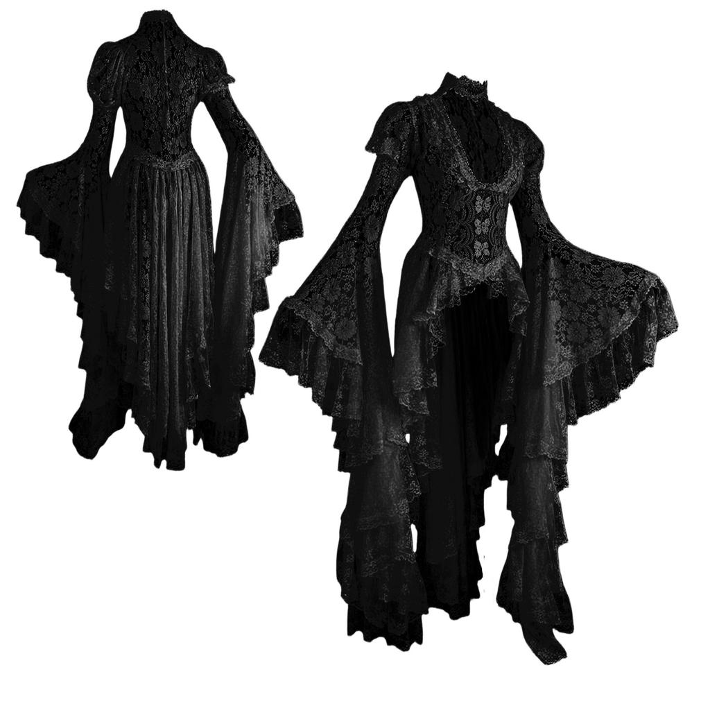 Винтажный Хэллоуин Средневековый Ренессанс Косплей Костюмы Платье Женское Готическое Кружевное Повязка Черное Маскарадное Платье Макси Платье Vestidos