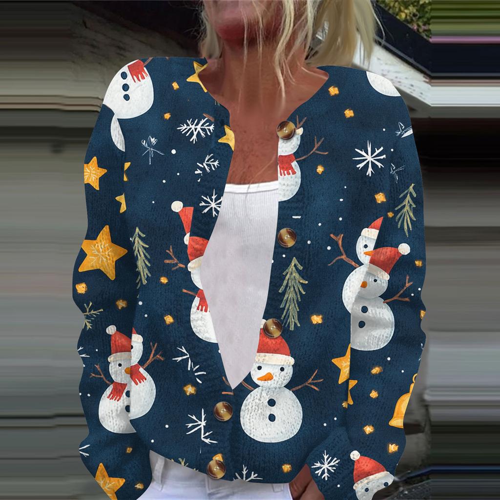 Женская мода рождественский принт длинный рукав вязаный кардиган пуховик