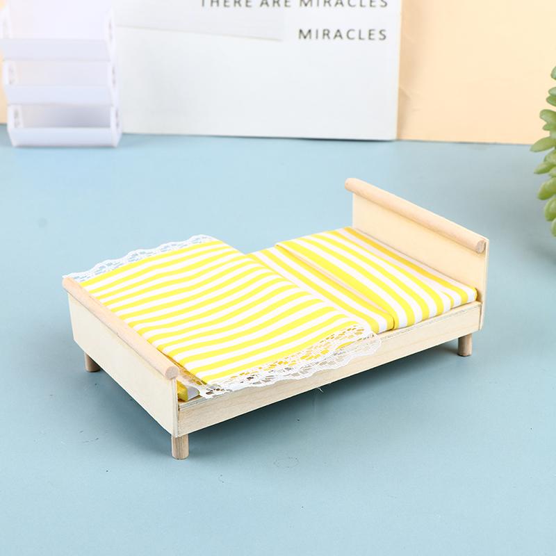 1:12 кукольных домиков Мини Мебель Спальня Микро Сцена Модель Деревянная Ткань Двуспальная Кровать