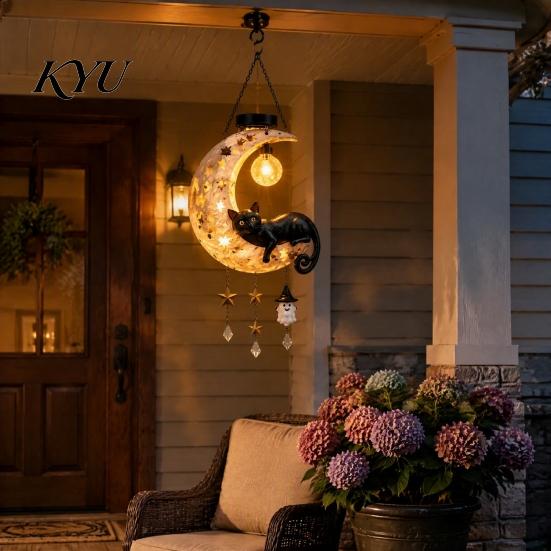 Crescent Moon Owl Solar Lanterns Owl/Cat Hanging Light, Outdoor Garden Wind Chime with LED Warm Atmosphere Lamps Waterproof Resin Decorative