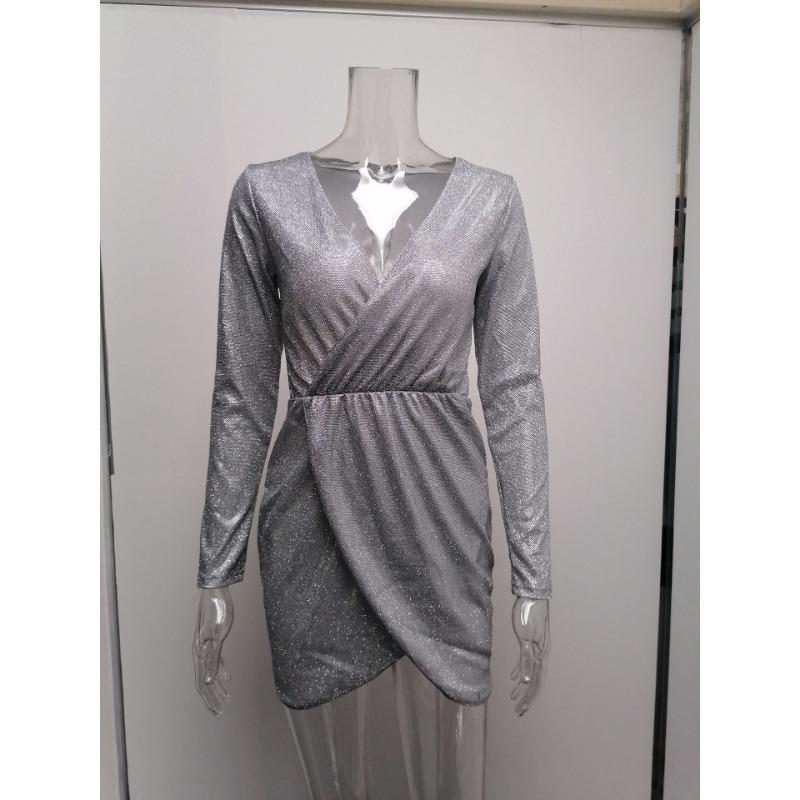 Женское платье с бисером, мини-платье с длинным рукавом и V-образным вырезом