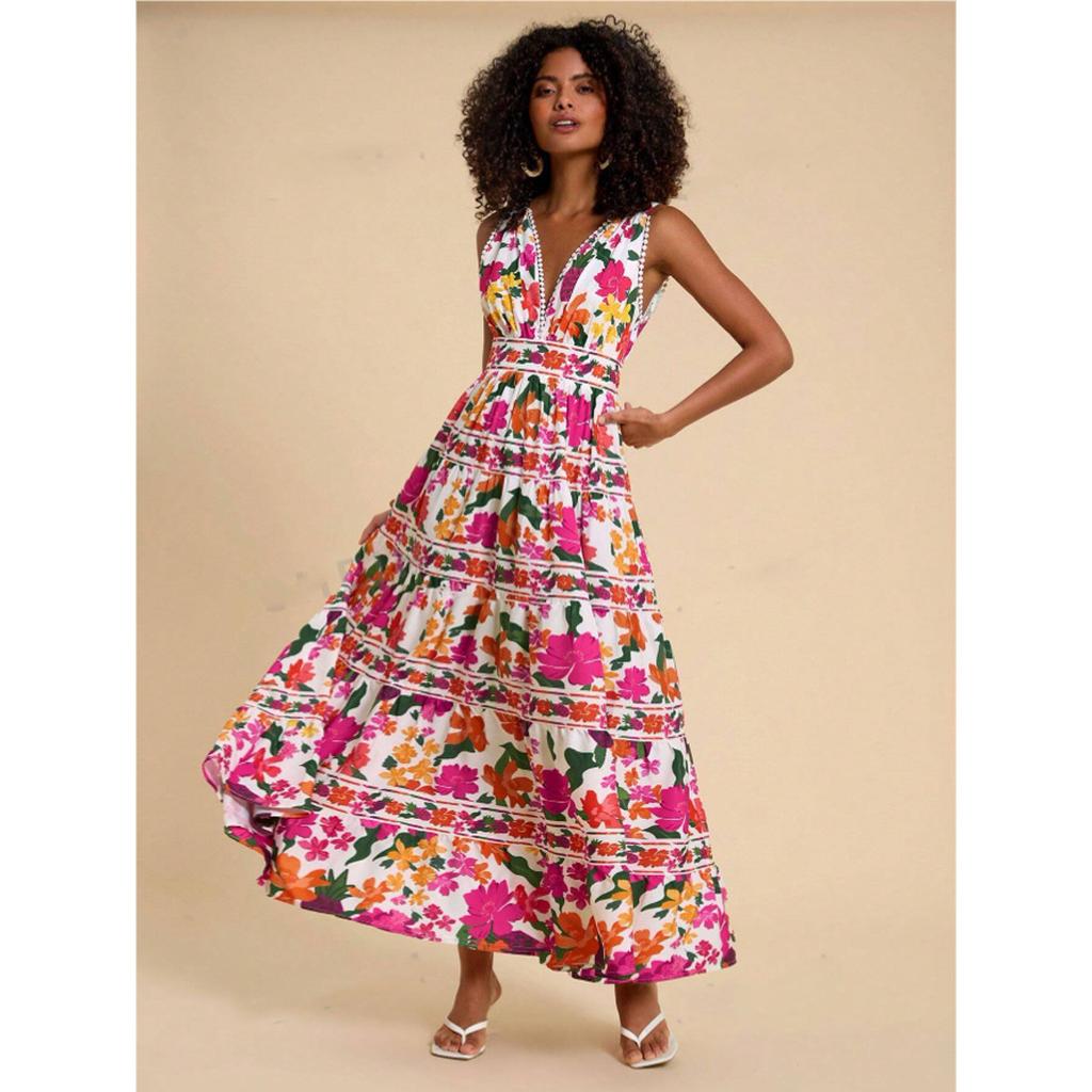 Женское повседневное летнее платье-майка с V-образным вырезом без рукавов, макси-платье с цветочным принтом, бохо, струящиеся миди-трапеции, пляжные сарафаны для отдыха для женщин