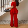 Plus Size Summer Women's Solid Color Tie Short Sleeve Top High Waist Wide Leg Pants Fashion Casual Set