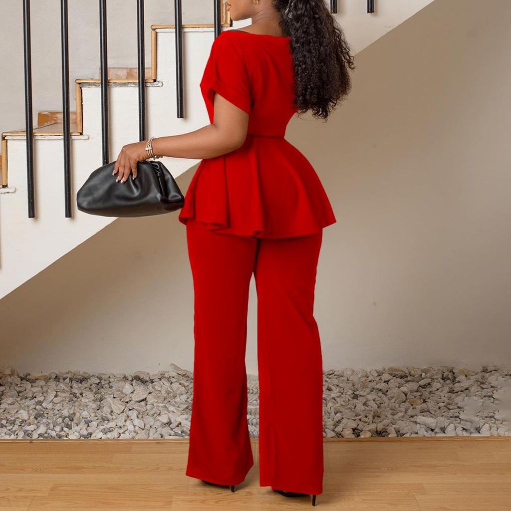 Plus Size Summer Women's Solid Color Tie Short Sleeve Top High Waist Wide Leg Pants Fashion Casual Set