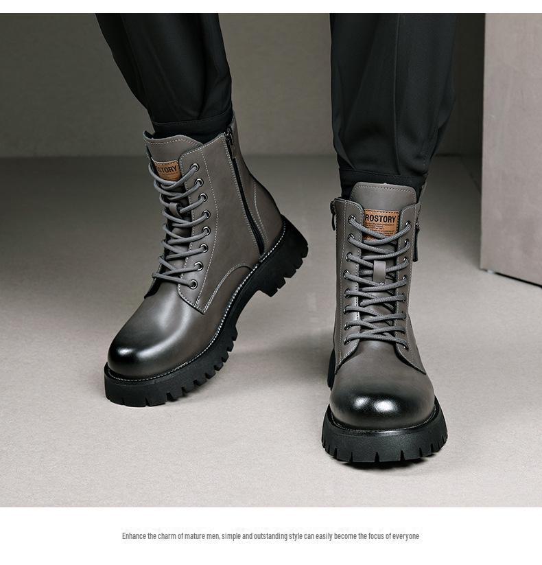 Мужские осенне-зимние желтые ботинки из натуральной кожи с толстой подошвой, боковой молнией и круглым носком — удобные, средней высоты, в стиле Martin.