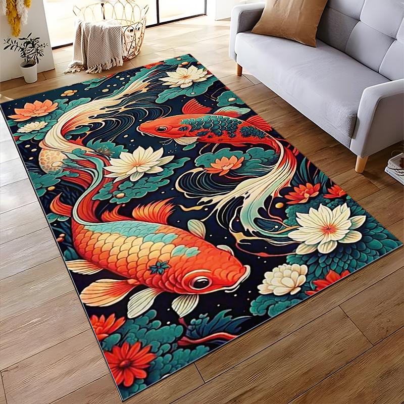Colorful Koi Fish with Lotus Design Non-slip rug suitable for living room and bedroom sofas