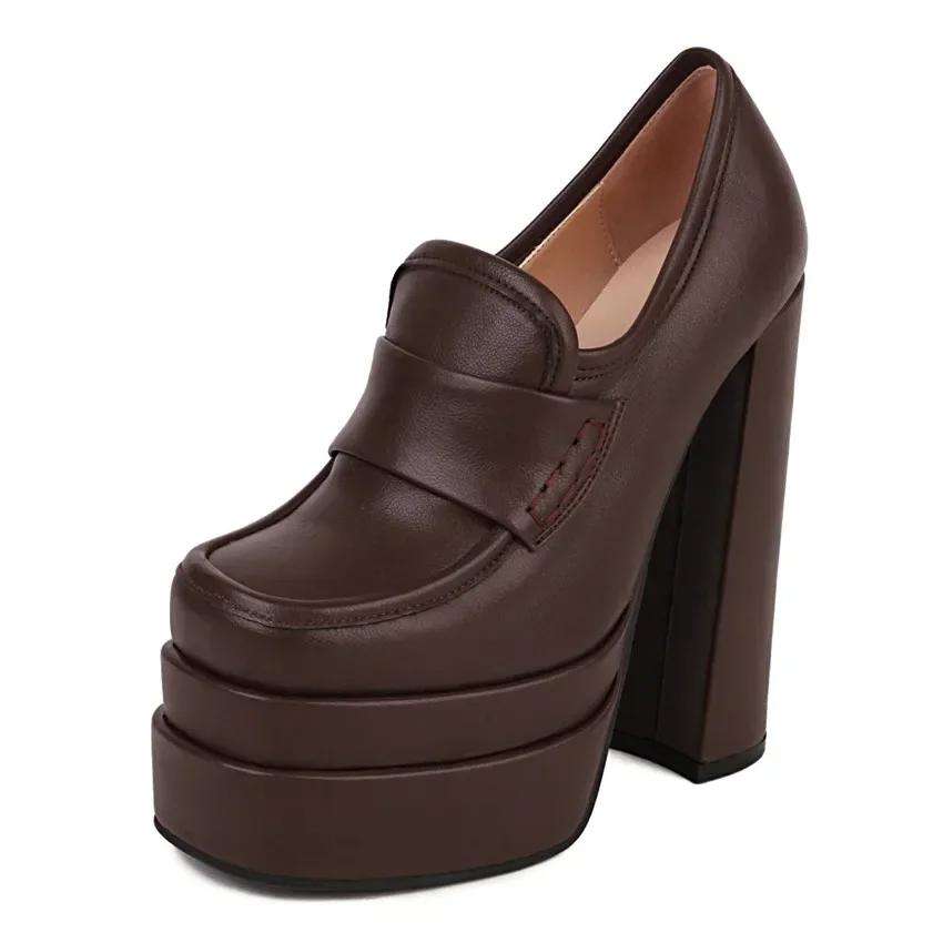 Women High Chunky Heel Platform Loafers Rosy Pink White Microfiber Party Club Lady Slip-on Square Toe British Thick Bottom Pumps