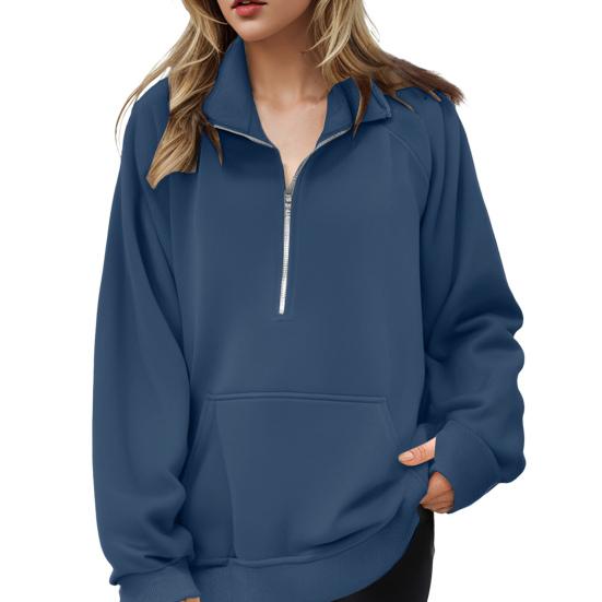 Women Fall Winter Sweatshirt Lapel Zipper Half Placket Long Sleeve Front Pocket Pullover Tops Solid Color Loose Fit Sport Sweatshirt