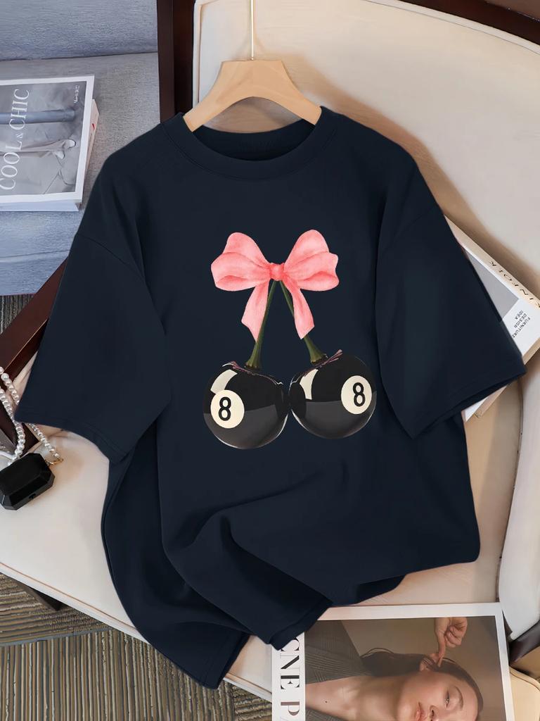 Pink Bow Black Billiards 8 Cherry Pattern Women's T-shirt Summer Fashion T-shirt Round Neck Top Soft Loose Short Sleeve
