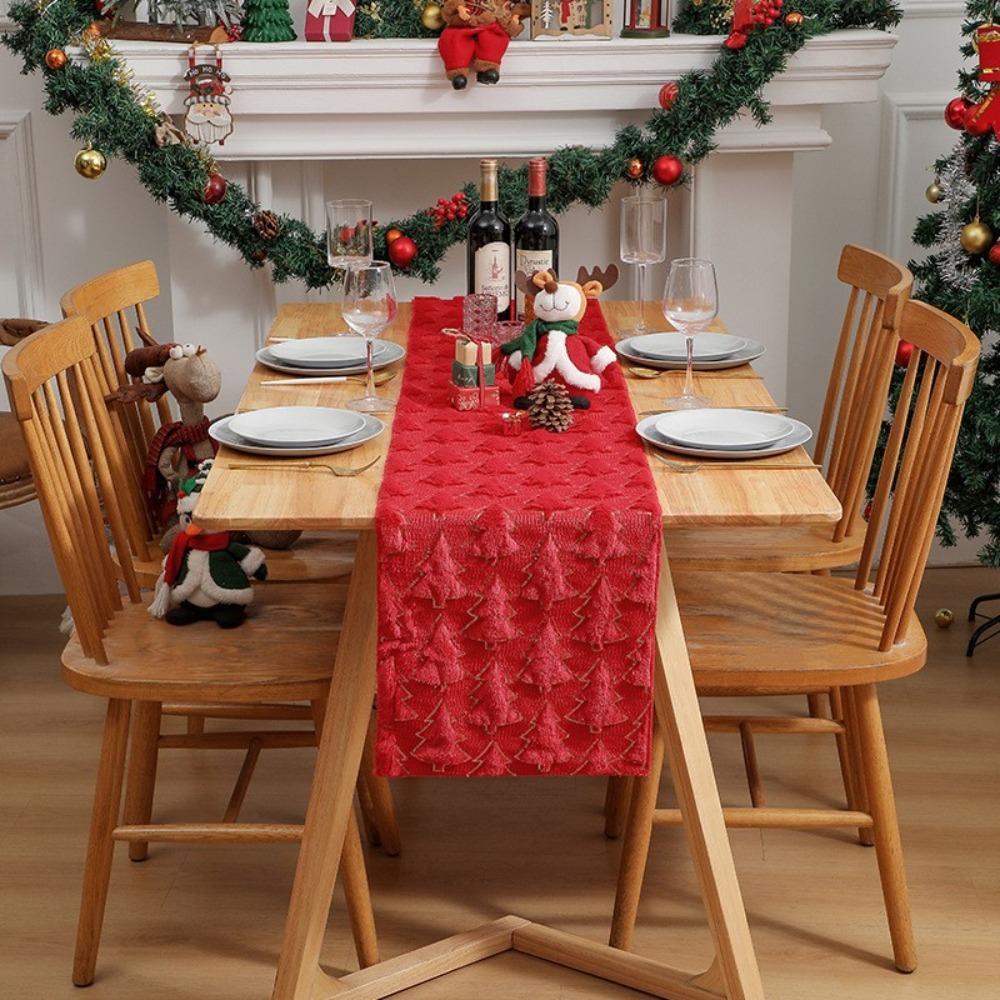 Embroidered Christmas Tree Table Runner Embossed Design Rectangular Christmas Table Cover Long Dining Tablecloth New Year