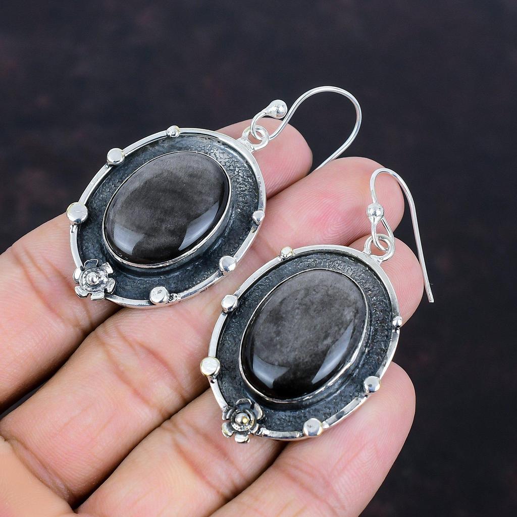 Серебряные серьги с обсидианом, натуральные драгоценные камни, серьги из стерлингового серебра 925 пробы, серьги ручной работы, подарки для жены, замечательные серебряные украшения