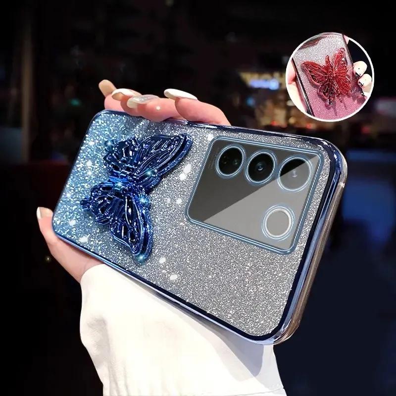 3D Butterfly Phone Holder Crystal Bracelet Glitter Plating Case for Samsung Galaxy A14 A24 A34 A54 A15 A25 A35 A55 4G 5G Cover