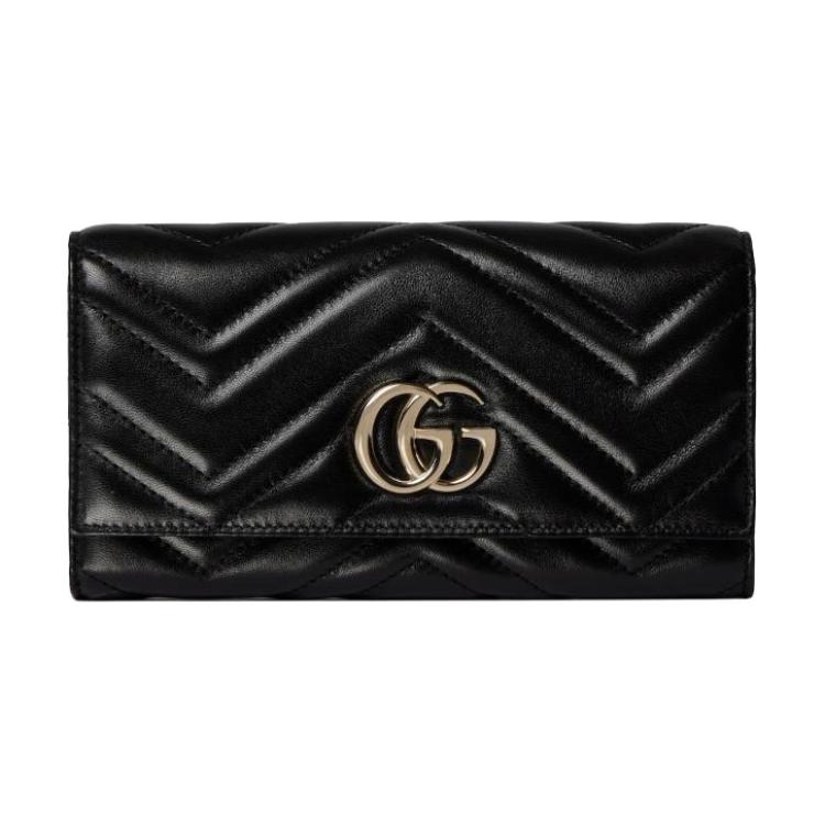 Gucci GG Marmont Chevron Quilted Black Leather Continental Wallet With Gold Hardware For Women Luxury Daily Use