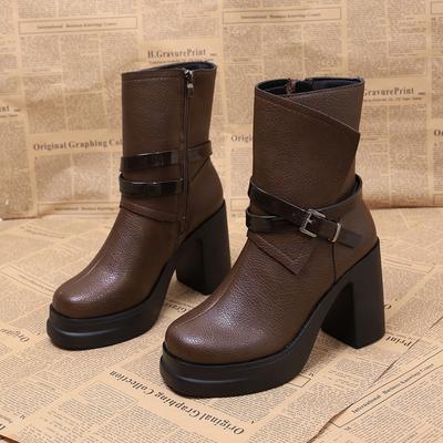 Винтажные модные ботильоны на высоком каблуке с толстой подошвой и перекрестными ремешками, новая зимняя коллекция 2025, ботинки Мартин с круглой пряжкой под кожу для женщин