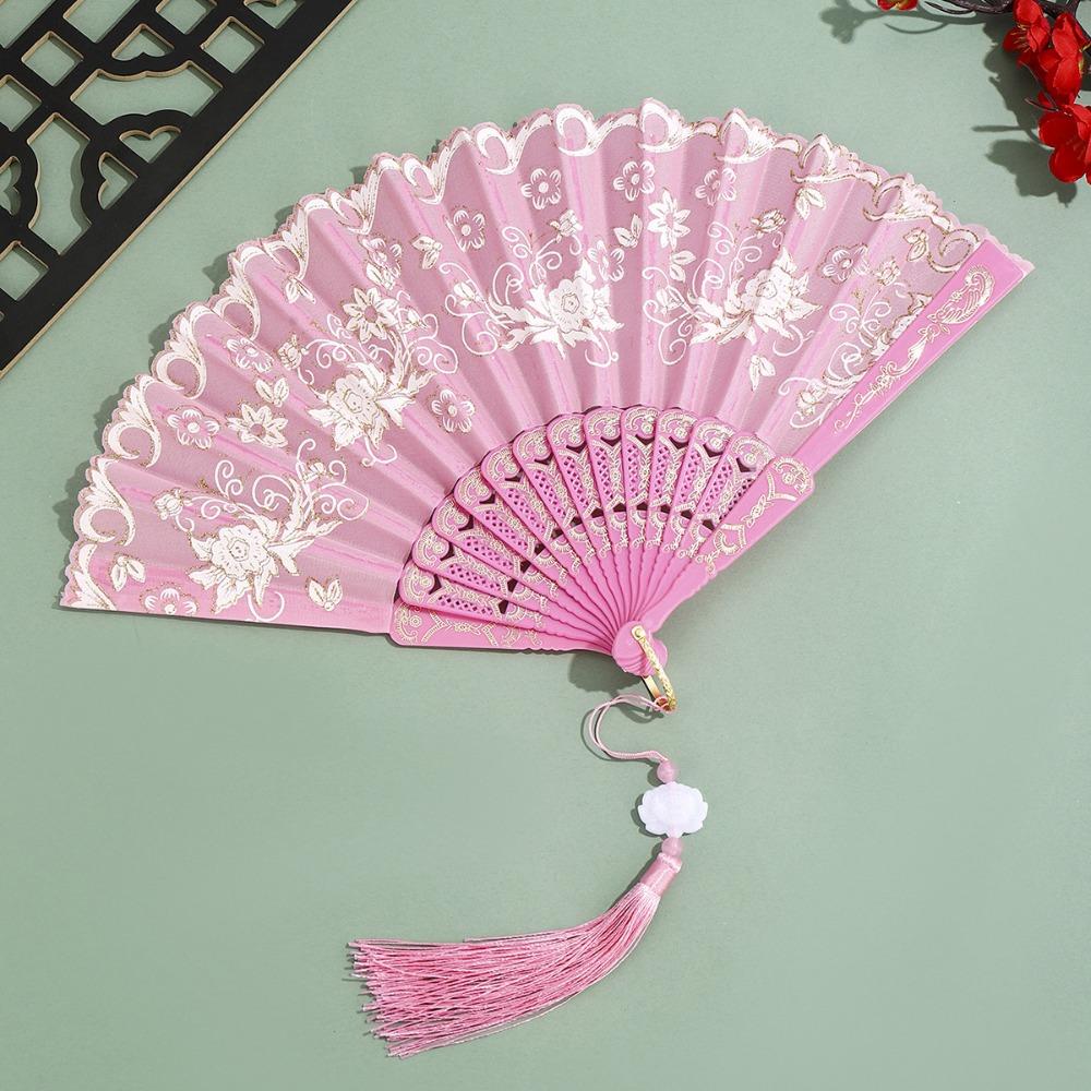 Portable Vintage Style Silk Hand Fan Floral Pattern Decorative Folding Fan with Tassel Handmade Handheld Fan Wedding Party