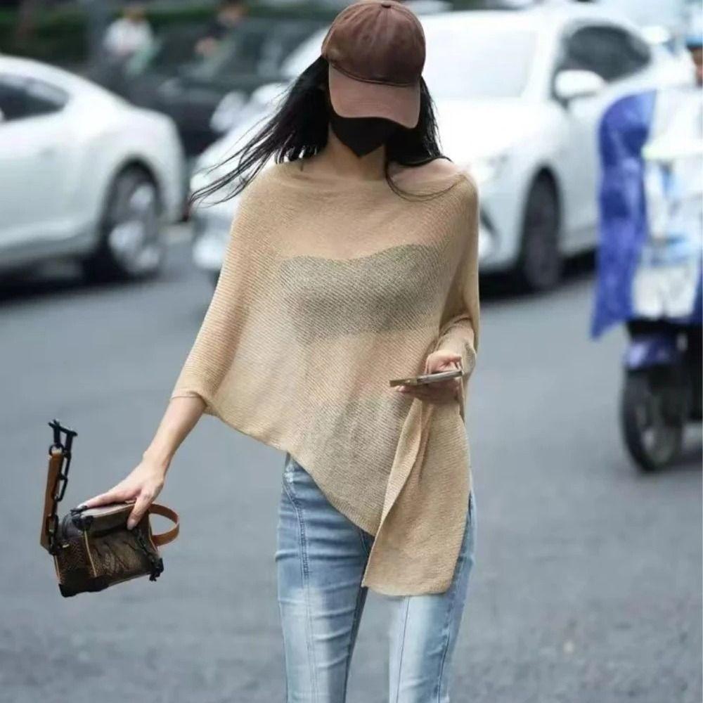 Ice Silk Irregular Cape Shawl Thin Knitted Sweater Top Women Fashion Sunscreen Scarf