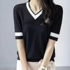 Temperament Sping Autumn T-Shirts Women V-Neck Striped Panelled Ice Silk Fashion Office Lady Short Sleeve Pullovers Knitted Tops