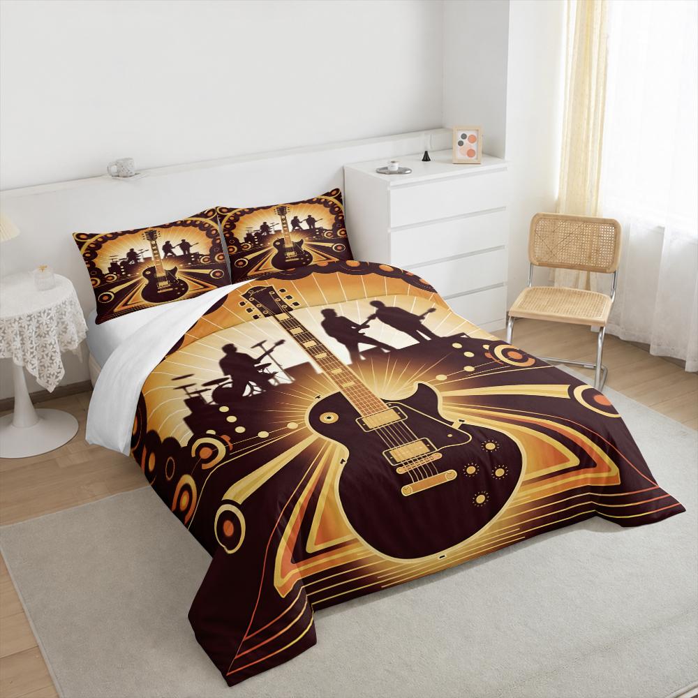 3 Piece Bedding Set Electric Guitar Band Silhouette Art Deco Retro Gold Brown Music for Adult Room Home Decor