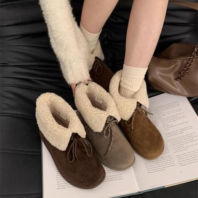 Простые зимние ботинки на мягкой подошве, на толстой подошве, с круглым носком, женские ботинки до щиколотки на шнуровке с отворотом, милые уродливые короткие ботинки, плюшевая теплая пушистая обувь