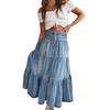 Women Denim Skirt High Waist Buttons Fly Multi Layer Ruffle Stitching Long Skirt Bohemia Style Casual Skirt