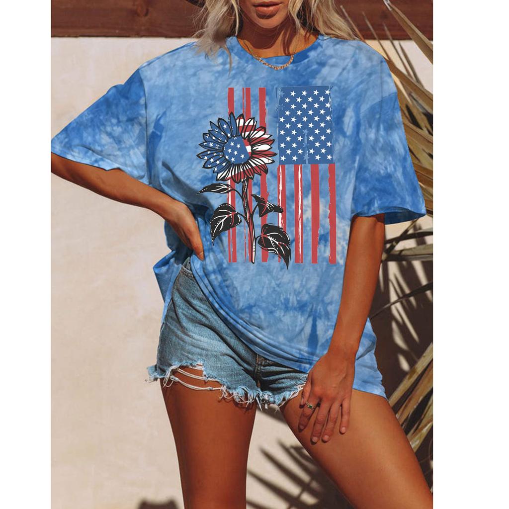 Летняя женская футболка с цветочным принтом Tie Dyeing, модные топы с американским флагом, футболки, женская винтажная одежда с коротким рукавом, стильная уличная одежда