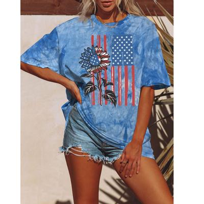 Летняя женская футболка с цветочным принтом Tie Dyeing, модные топы с американским флагом, футболки, женская винтажная одежда с коротким рукавом, стильная уличная одежда
