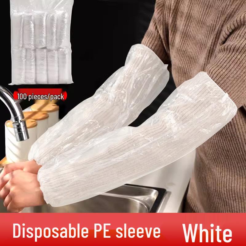 Waterproof Disposable PE Oversleeves: Thickened, Lengthened, Transparent Arm Protectors in White and Blue.