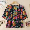Women Casual Round Neck 3/4 Sleeve Floral Print Blouse