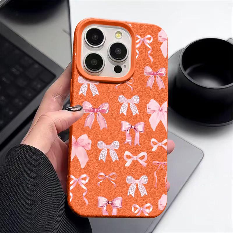Мягкий чехол из ТПУ с текстурой из кожи для iPhone 16 Pro Max 15 Pro 14 13 12 11 с розовым бантом и узором, противоударный матовый чехол-бампер