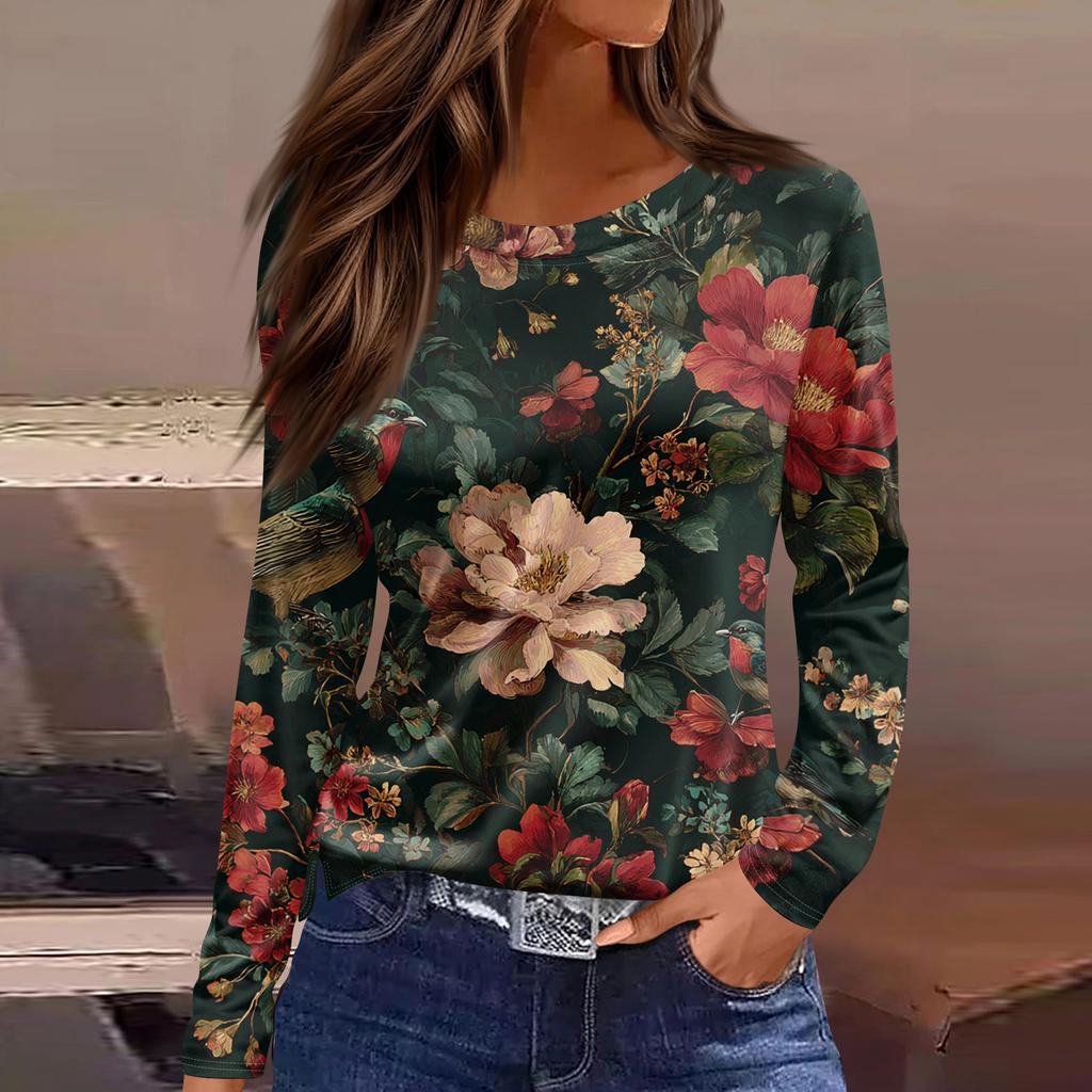 Women's Fashion Casual Slit Hem Round Neck Long Sleeve Loose  Printed T-Shirt Ladies Top
