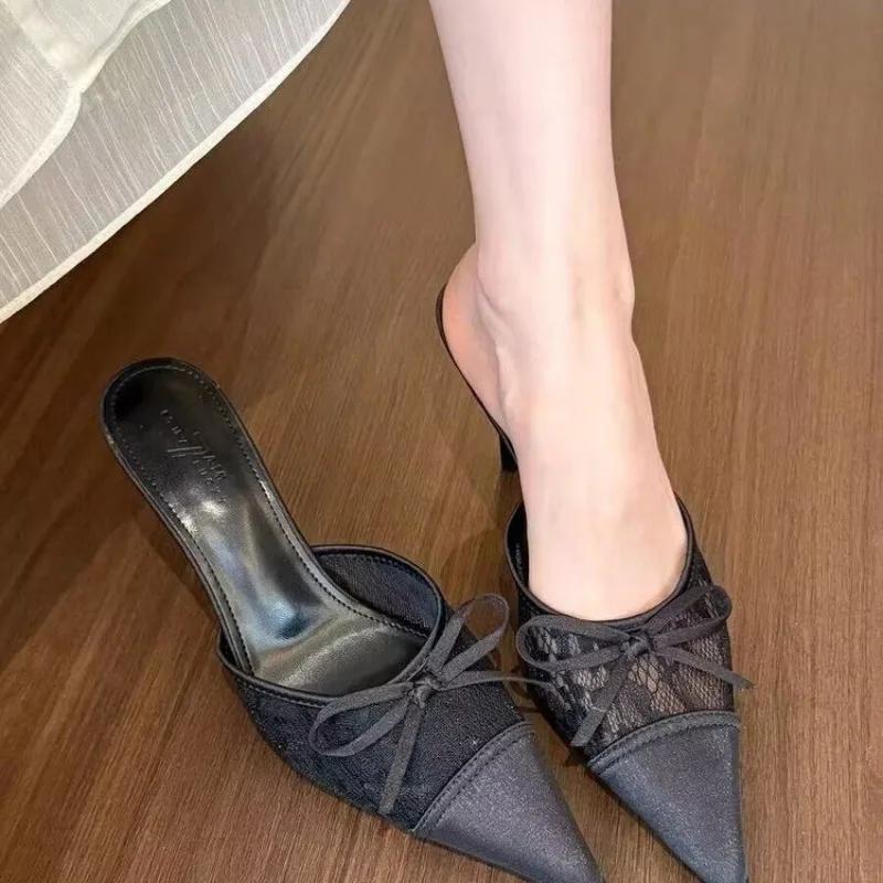 2025 Hot Sale Women's Shoes Closed Toe Women's Slippers Fashion Butterfly-knot Dress Slippers Women Summer Solid Heels Women