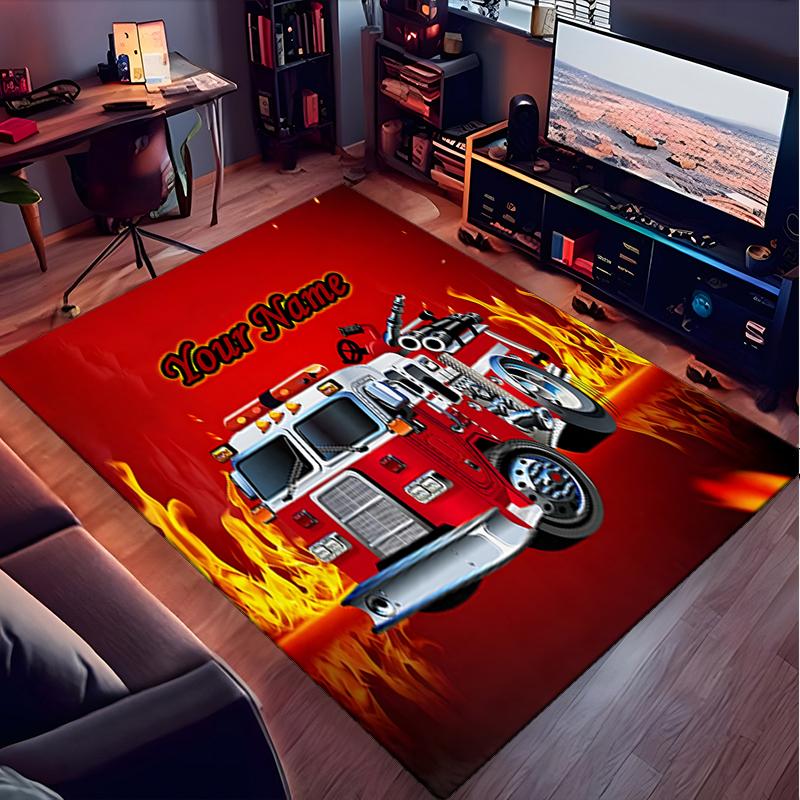 1PC Custom Name Fire Truck Adventure Theme Floor Mat Ideal for Living Room, Game Rooms, Office, Bedroom, Office Floor Mat , Floor Mats for Home