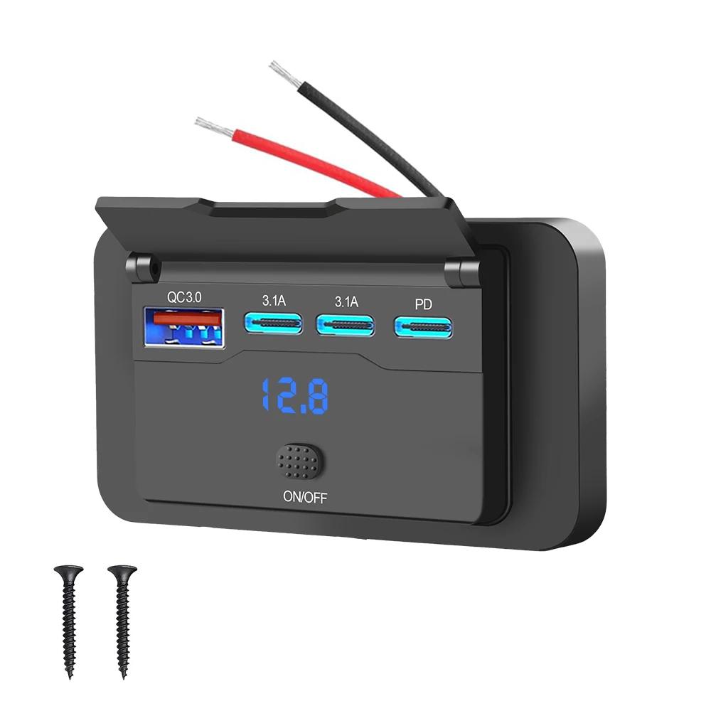 Three PD & QC 3.0 USB Car Charger 12V RV USB Outlet Panel  with Switch & Voltmeter  Fast Charging Socket Accessories for Car Bus