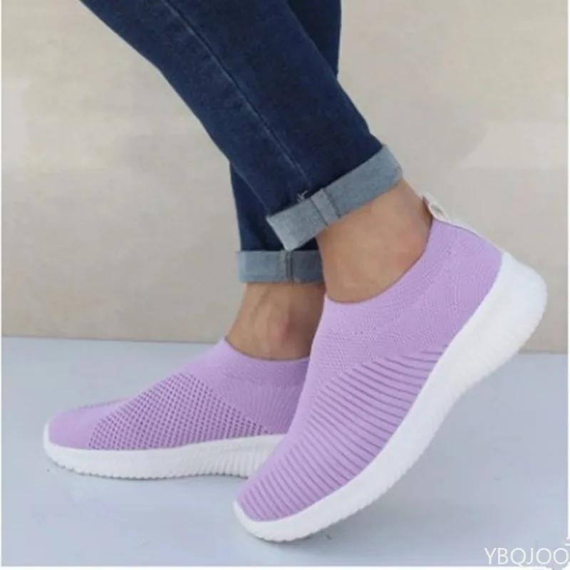 Модная женская обувь Сетчатая эластичная повседневная спортивная обувь для бега С мелким вырезом Дышащая На плоской подошве Вулканизированная обувь Кроссовки большого размера