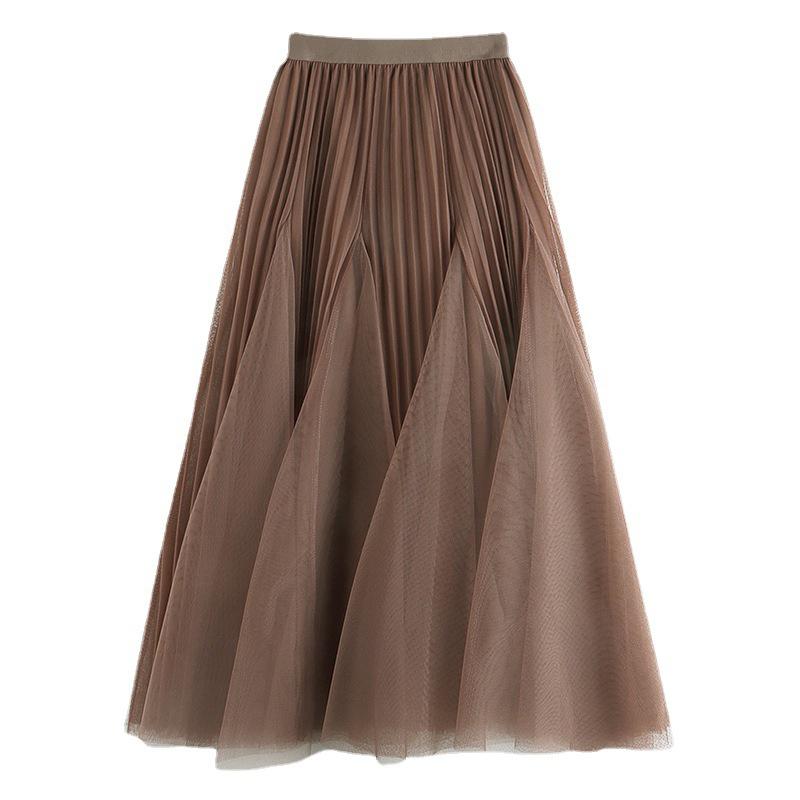 Женская трапециевидная юбка с высокой талией, весна-лето, элегантная кружевная юбка в корейском стиле, 3-слойная сетчатая тюлевая длинные плиссированные юбки