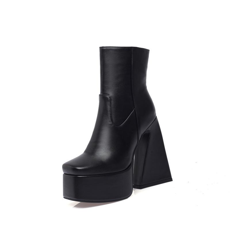 Зимняя мода панк толстая подошва квадратный носок боковая молния низкие ботинки