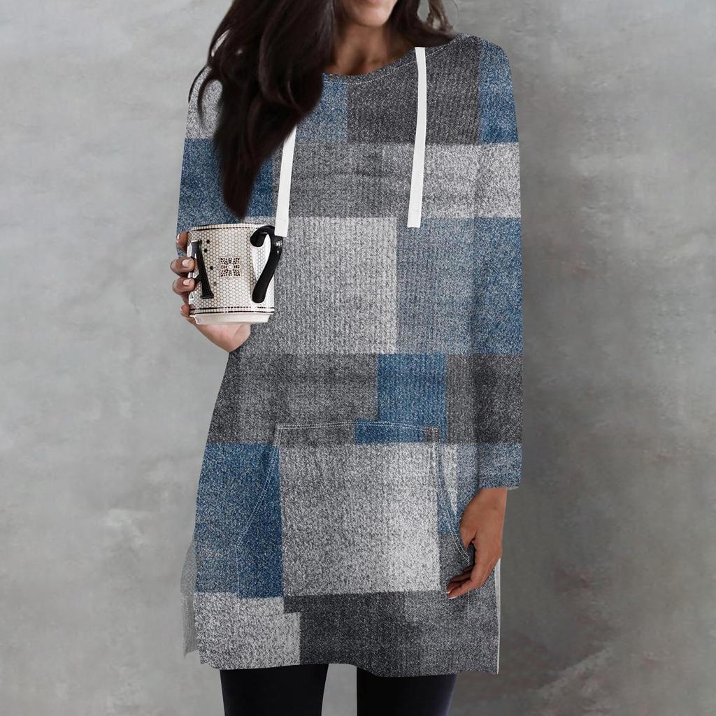 Женские свободные рубашки с принтом, длинные рукава, толстовки с завязками, трикотажные туники с боковыми разрезами, топы с капюшоном и карманом